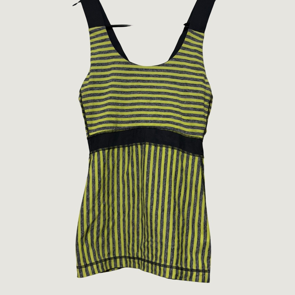 Lululemon Striped Tank Top Lime Green Grey Criss Cross Back Shelf Bra Womens
